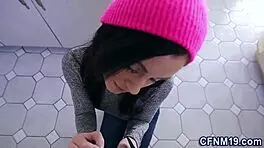 clothed teen 18+ gets her tits cummed on, what a sight!