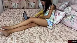 Fucking in All the Holes with a Girl While She Plays on the Computer Anal Creampie