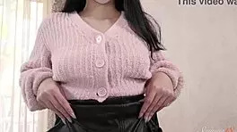 sexy brunette sofi li fingers her tight shaved pussy with desperate moves.