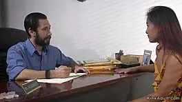 big cock guy ties up petite asian slave for some kinky whipping and rough fucking