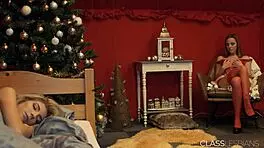 she moans as her lesbian friend fucks her with a sex toy during christmas