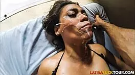 Fucking this horny Latina teen bent over with monster cock feels amazing