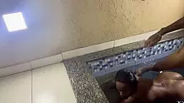 skinny latina enjoys kitchen fun by the pool