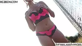 Beautiful blonde teen boldly strips and shows pussy in public outdoor setting