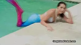 Wet Mermaid Rides Big Cock By The Pool