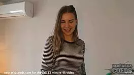 New 19yo Girl with Braces Tries First Time on Studio Sofa