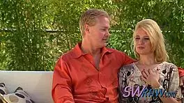 at the wild swinger orgy, the petite 18+ ginger babe gets oral sex from the group