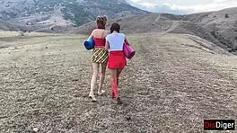 Guys pick up two girls in mountains for quickie fucking, rough outdoor tits