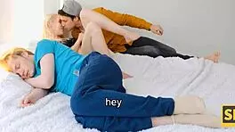 Stepsister rides cock next to her relaxed boyfriend 😏