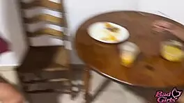 Precious 18-year-old Latina wife gets fucked hotly in the kitchen, her big ass creampied by an old man on her wedding day.