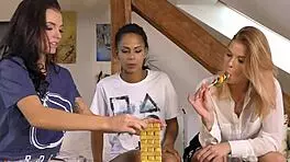 eva isabel and chrissy playing jenga at home, upskirt views of big asses 😏