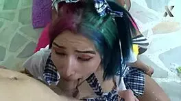 Jazmin and her friends get throats fucked in a sloppy group quickie