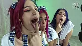 Jazmin and her friends get throats fucked in a sloppy group quickie