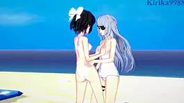 Miku Kohinata and Laura Bodewig engage in sexy lesbian play in this hentai scene 😘