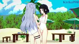 Miku Kohinata and Laura Bodewig engage in sexy lesbian play in this hentai scene 😘