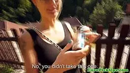 Euro slut gets facial in public pov