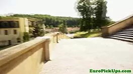 Euro slut gets facial in public pov