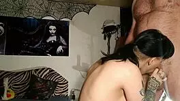 A skinny goth babe performs blowjobs for various men