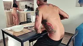 I stopped time and fucked my stepmother in the kitchen with her small tits.