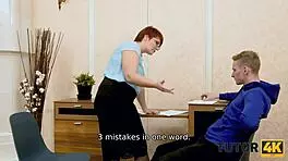 Angry boy bangs short-haired redhead tutor hard at her place.