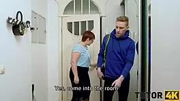 Angry boy bangs short-haired redhead tutor hard at her place.