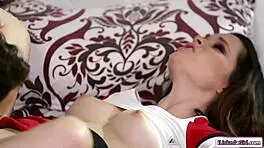 teen gets wild playing with stepmom's huge tits in a steamy lesbian encounter