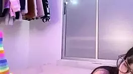 pretty geek girl in underwear shows pussy lips