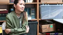 Asian teen shoplifter caught but seduces security guard with petite tits in reality