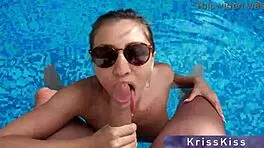girl deep sucking stranger's big cock in pool closeup