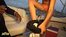 In a casting session, a young blonde with a sculptural body performs blowjob and receives facial outdoors