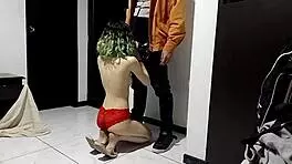 Fresh from the shower, I tease delivery man in panties for wild 69 standing.