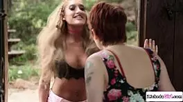 Big tits lesbian enjoys pussy scissoring with her blonde stepsis.