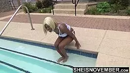 Getting Naked After H Out in the Swimming Pool Ebony Babe Msnovember Undressing from Swim Suit in Her Bathroom Close Up of Her Petite 18+ Ebonyass on Sheisnovember