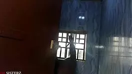 The old comedy man went and fucked his wife in the bathroom while her husband is in bed in the same room.