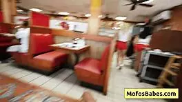 Horny busty girls Elana Bunnz Eden West Derek Savage share huge cock and nasty facial in public! 😏