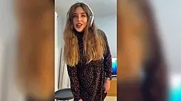 Blonde girl fucks doggystyle while listening to music, her pussy squeezes monster cock during orgasm speaking spanish.