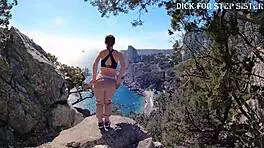 Public erotica with stunning Russian teen flashing ass by sea and mountains