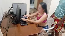 the stepsister is about to win her game when her brother fucks her doggy style while parents are away, filling her ass and making her wear pantyhose.