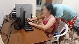 the stepsister is about to win her game when her brother fucks her doggy style while parents are away, filling her ass and making her wear pantyhose.