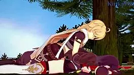 Amber and Fischl Fuck Aether in Genshin Hentai