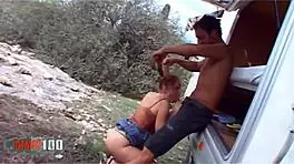 Beautiful petite redhead Lola Bella gets ass fucked by Jorge outdoors