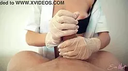 Sexy Nurse Eva Myst Gives Professional Handjob with Gloves and Oil