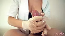 Sexy Nurse Eva Myst Gives Professional Handjob with Gloves and Oil