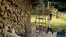 Tiny teen playboy model strips naked outdoor chopping wood!