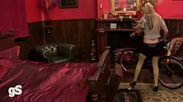 A big boobs blonde from england gets assfucked by a biker in lingerie.