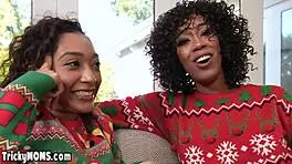 Ebony MILF and black teen 18+ pounding huge white dick together! 🔥