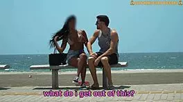 brown girl with big boobs gets on knees at beach then pussy destroyed at home