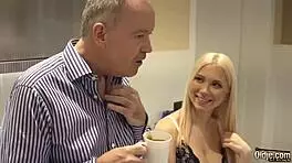 Blonde hot sex with old bald guy in deepthroat blowjob scene