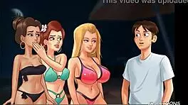 summertime saga - kinky girlfriend shares her boyfriend's big dick with bff on beach