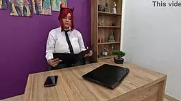 Busty teen 18+ cosplayer masturbates with toys in her boss's office at work.